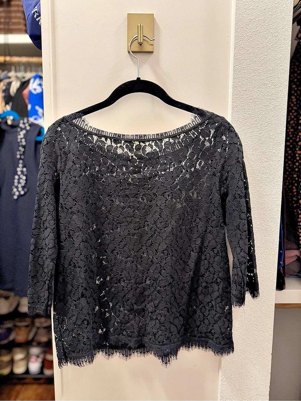 Anthropologie Sparrow Black Floral Lace Eyelash Top Blouse XS